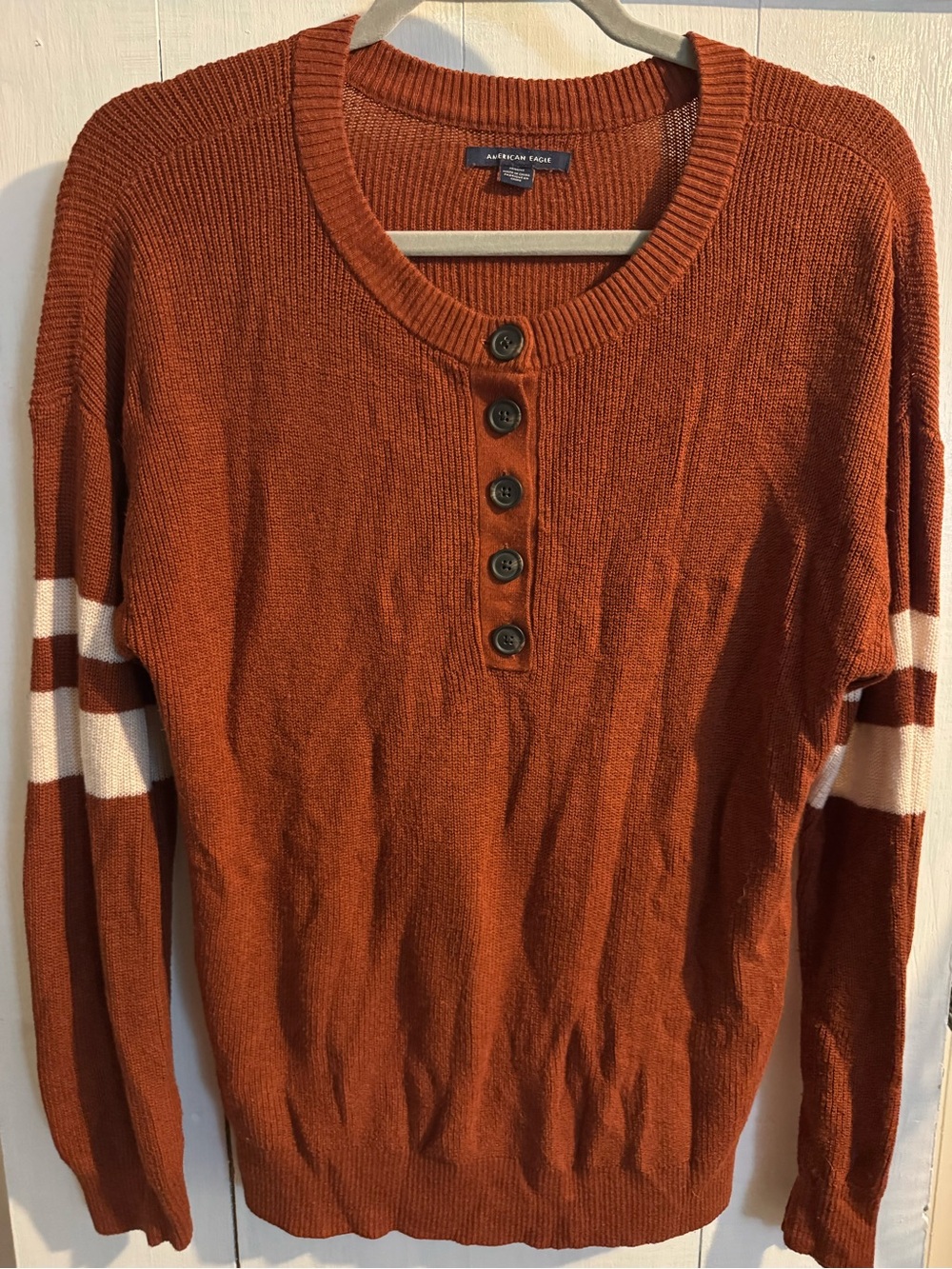 American Eagle Outfitters Rust Orange Henley Crew Sweater with White Stripes